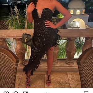 Black sequin feather asymmetrical dress